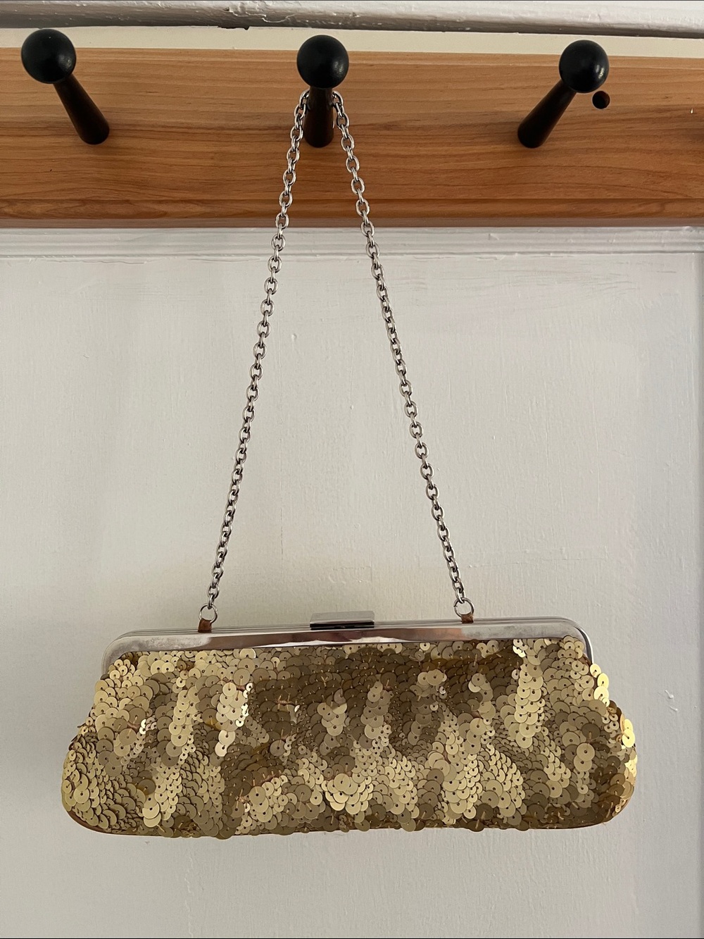 BCBGMaxAzria Gold Sequin Chain Wristlet Clutch